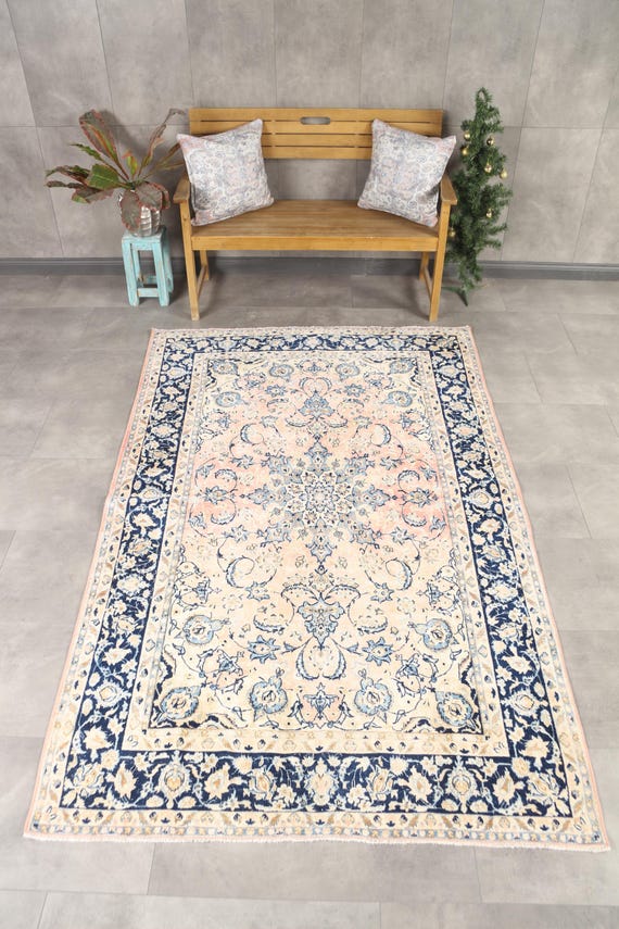 Vintage türkische Teppich 150 x 250 cm, Blauer Wollteppich aus dem Südwesten