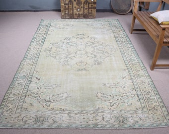 Vintage Rug, Turkish Rug, 6x10 ft Large Rugs, Faded Anatolian Rug, Rugs For Dining Room, 5.8x9.5 ft Green Rug, Wool Rugs, Large Oushak Rug,