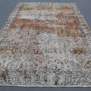 Vintage Turkish Area Rug, Distressed Floral Design 6x10ft, Orange and Beige Tones, Unique Home Decor, Antique Style Carpet