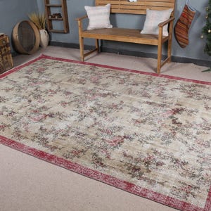 Vintage Turkish Rug, Red Border, Floral Pattern, 7x10ft, Elegant Area Carpet for Living Room Decor