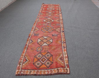 Turkish Rug, Herki Runner Rug, 2.9x11.6 ft, Handmade Rug, Vintage Rug, Hallway Rug, Pink Rug, Stair Rug, Antique Rug, Decorative Rug, 219