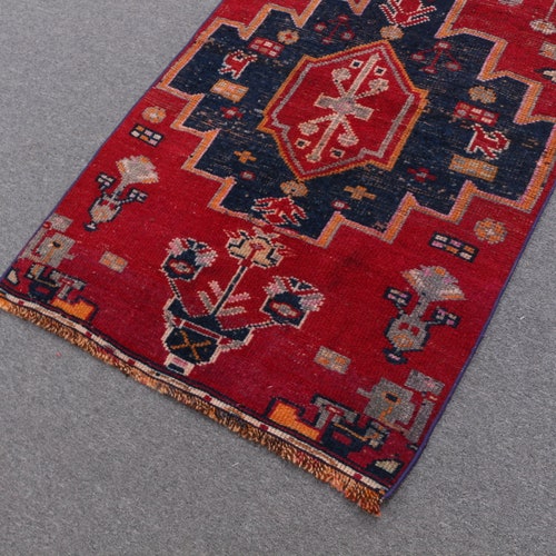 Vintage shops Rug, Small Carpet, Turkish Rug, Herki Rug, Oushak Carpet, 37x59 inches Red Carpet, Bohemian Bedroom Carpet, 981