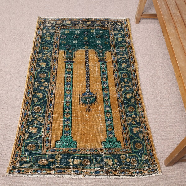 3x5 ft Small Rugs, Vintage Rug, Turkish Prayer Rug, Oushak Rug, Rugs For Gift, 2.6x4.2 ft Green Rug, Anatolian Rugs, Decorative Wool Rug,