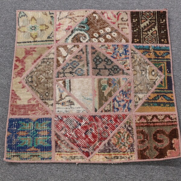 Vintage Rug, Turkish Rug, Small Rug, Patchwork Rug, 25x26 inches Brown Carpet, Office Kitchen Carpet, Door Mat Rugs,  516