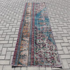 Vintage Turkish Runner Rug, 3x10ft, Vibrant Blue and Pink, Intricate Floral Patterns, Bohemian Hallway Accent, Unique Oriental Decor