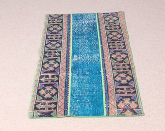 Turkish Rug Small Rugs Vintage Oushak For Entry 2.2x4 ft Blue Colorful Patchwork Door Mat Nomadic Wool Ethnic Handwoven Farmhouse Decor