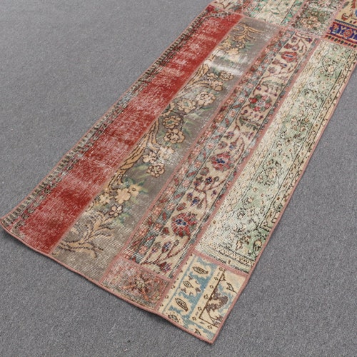 Turkish shops Rug, Vintage Rug, Runner Rug, Oushak Rug, 33x115 inches Red Rug, Office Kitchen Rugs, Patchwork Rug, 502