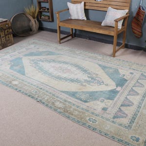 Vintage Turkish Area Rug, 5x9ft, Pastel Blue and Beige Geometric Patterns, Boho Chic Decor, Handmade Woven Carpet