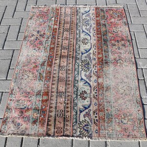 Vintage Turkish Rug, Floral Pattern, Pink and Blue, 3x4ft Door Mat, Unique Home Decor, Handmade Textile Art