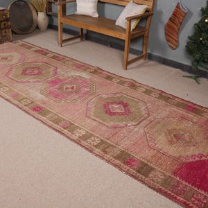 Vintage Turkish Runner Rug, Antique Hallway Carpet, 4x12 ft, Pink Anatolian, Muted Oriental Home Decor, Natural Wool Handmade Art