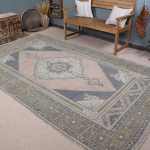Vintage Turkish Area Rug, Pastel Pink and Grey Geometric Design, 6x10ft, Traditional Home Décor Carpet, Elegant Antique Style