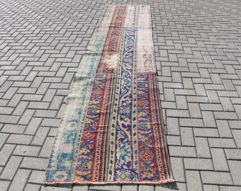 Turkish Wool Rug, Runner Rug, 2.7x11.9 ft, Vintage Rug, Decor Rug, Antique Rug, Oushak Rug, Stair Rug, Hallway Rug, Blue Rug 43