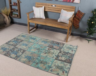 トルコ絨毯、ヴィンテージブルーラグ、手織りカーペット、アンティーク