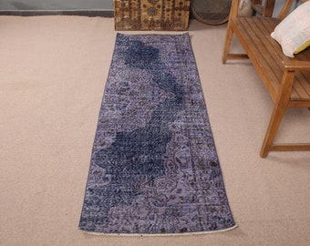 Vintage Rug, Turkish Rug, 3x8 ft Runner Rug, Antique Overdyed Rug, Rugs For Corridor, 2.5x7.7 ft Blue Rug, Kitchen Rug, Antique Rug Runner,