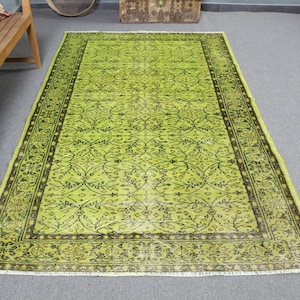 Turkish Rug, 5x8 ft Large Vintage Rug, Overdyed Oushak Rug, Green Wool Turkish Carpet, Area Rug for Living Room, 1253