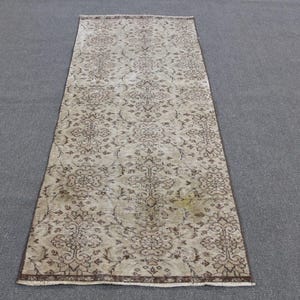 Vintage Turkish Runner Rug, Beige and Brown Floral Patterns, Accent Carpet 3x7ft, Elegant Hallway Decor