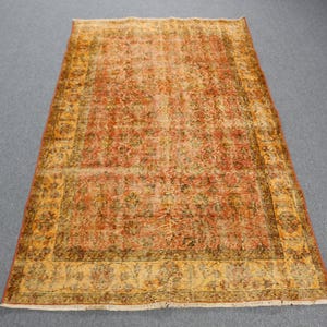 Vintage Turkish Rug, 4x7ft, Distressed Look, Orange and Yellow Tones, Area Carpet, Intricate Floral Patterns