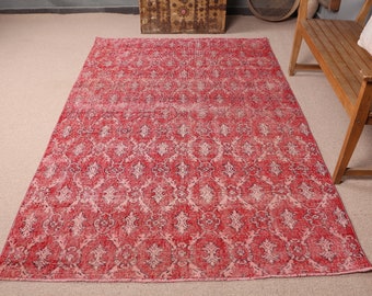 Turkish Rug, Vintage Rug, 6x9 ft Large Rug, Flower Pattern Anatolian Rug, Rugs For Dining Room, 5.2x8.1 ft Red Rug, Antique Rug, Salon Rug,