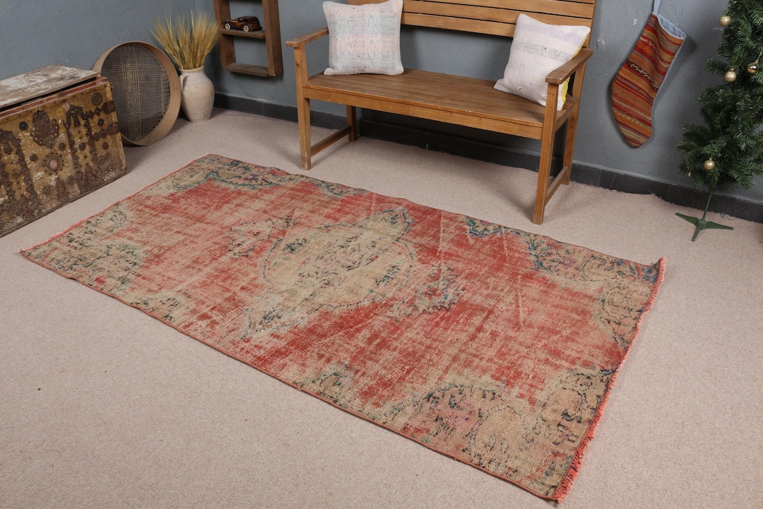 Vintage Turkish Area Rug, Distressed Look, 4x9ft, Warm Red and Beige ...