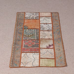 Vintage Rug Turkish Small Oushak Rugs For Bathroom 1.7x3.2 ft Brown Floor Handmade Door Mat Boho Patchwork Designer Turkish Rug Wool