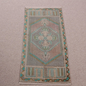 Vintage Turkish Rug, Small Oushak Carpet, 2x3 ft, Handmade Anatolian Entryway Mat, Distressed Home Decor, Green and Beige Traditional Style