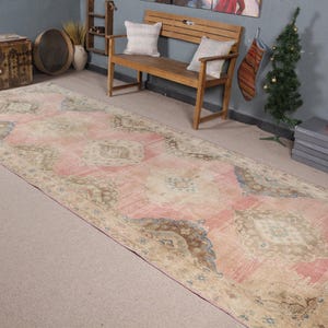 Vintage Turkish Runner Rug, Pastel Pink and Beige, 5x13ft, Intricate Medallion Design, Handwoven Aesthetic