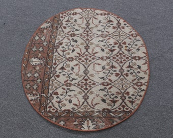 Tappeto vintage 2,5x2,8 piedi, tappeto rotondo turco, tappeto in lana a quadri marroni