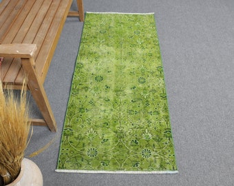 Vintage Rug, 2.2x5.2 ft Small Rug, Turkish Rug, Antique Rugs, Rugs For Bathroom, Green Cool Rugs, Overdyed Oushak Rug, Gift For Her,  3313