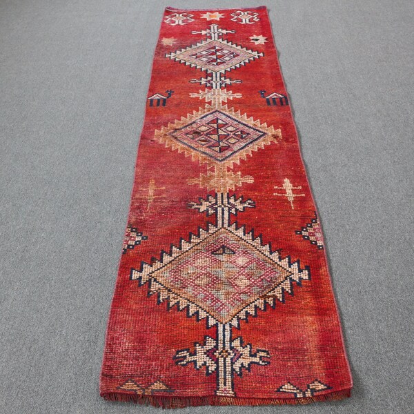 Red Rug, Turkish Rug, 2.3x9.3 ft, Runner Rug, Decor Rug, Hallway Rug, Handmade Rug, Vintage Rug, Stair Rug, Herki Rug, Wool Rug, 224
