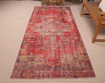 Turkish Rug, Vintage Rug, 4x10 ft Area Rug, Antique Rug, Rugs For Kitchen, 3.9x9.1 ft Red Rug, Wool Anatolian Rugs, Turkish Area Rug,