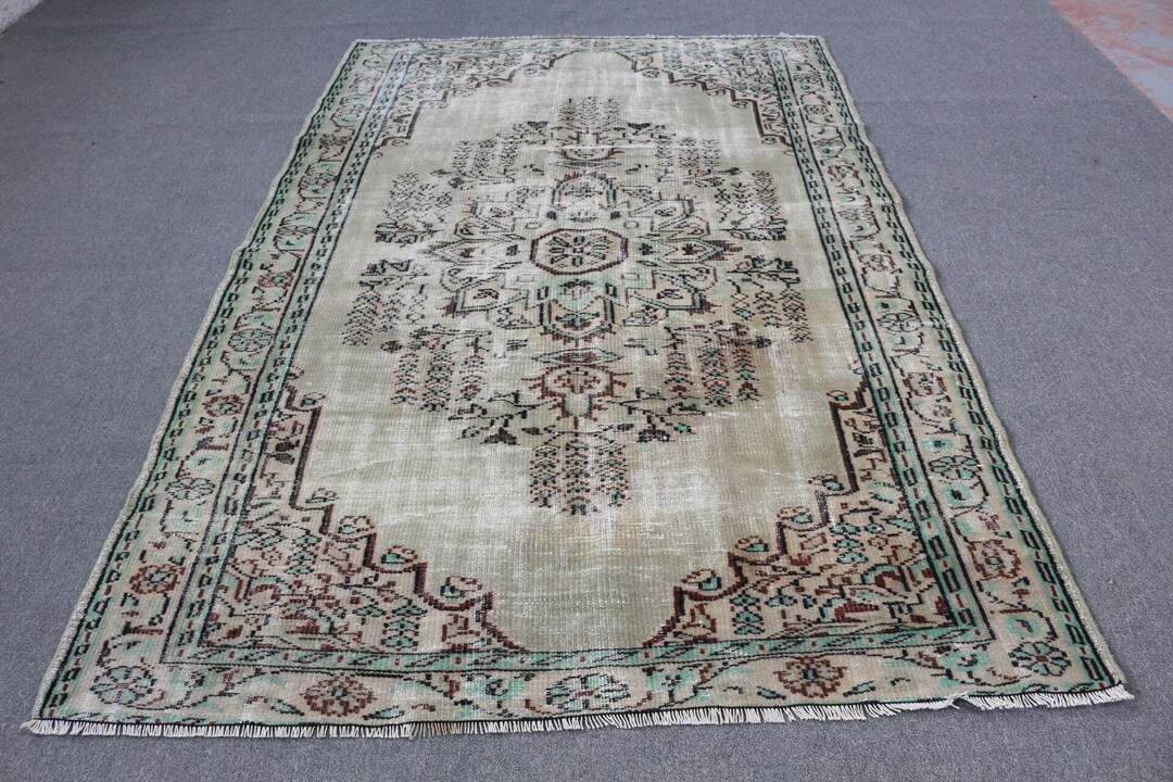 Vintage Turkish Rug, Handwoven Area Carpet, Beige and Mint Green ...