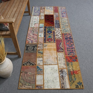 2.6x6.8 ft Accent Rugs, Patchwork Rug, Rugs For Entry, Vintage Rug, Blue Antique Rug, Antique Rugs, , Turkish Rug, Organic Kitchen Rug