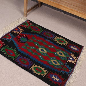 Vintage Turkish Kilim Door Mat, Colorful Geometric Design, 3x4ft Handwoven Wool Rug, Ethnic Home Decor, Red Blue Green Patterns