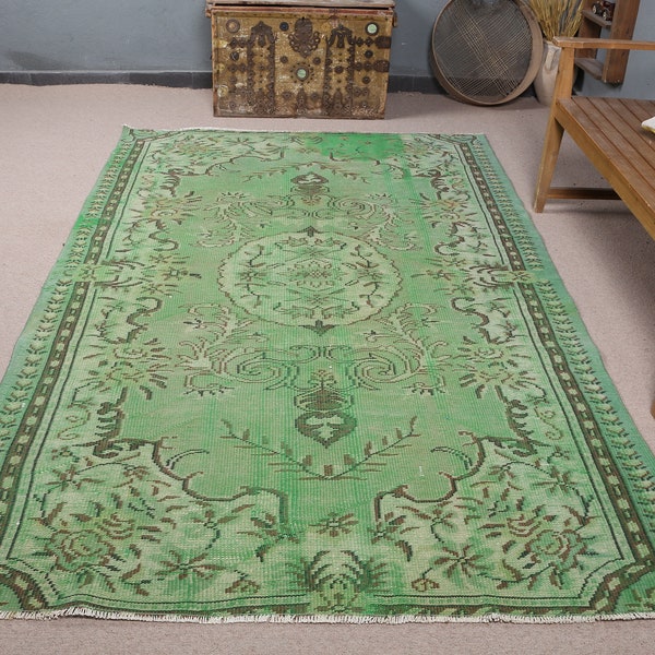 Vintage Rug, 6x9 ft Large Rug, Turkish Rug, Antique Oushak Rug, Rugs For Living Room, 5.4x8.4 ft Green Rug, Colorful Turkish Salon Rug,