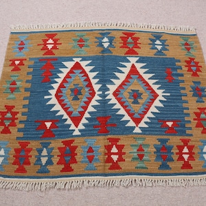 Vintage Turkse kelim deurmat, geometrisch patroon in rood en blauw, 3 x 3 ft, handgeweven boho-tapijt