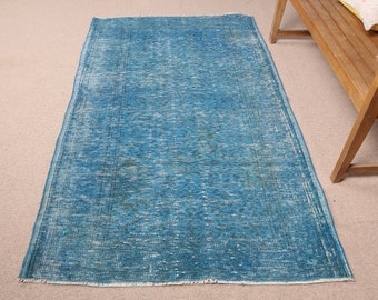 Turkish Rug, 4x7 ft Area Rug, Vintage Rug, Anatolian Rug, Rugs For Salon, 4x6.7 ft Blue Rug, Overdyed Oushak Rug, Vintage Decor,