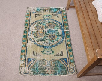 3x4 ft Small Rug, Turkish Rug, Vintage Guney Rug, Faded Oushak Rug, Rugs For Bath, 2.3x4 ft Green Rug, Wool Rug, Small Wool Rug,