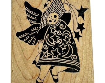 A Stamp In The Hand Angel with Stars Wood Mounted Rubber Stamp Vintage 1994