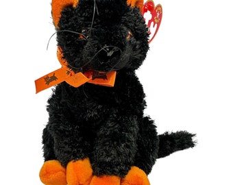 Black Fraidy Cat Ty Beanie Baby Stuffed Plush Cat for Halloween, Orange & Black