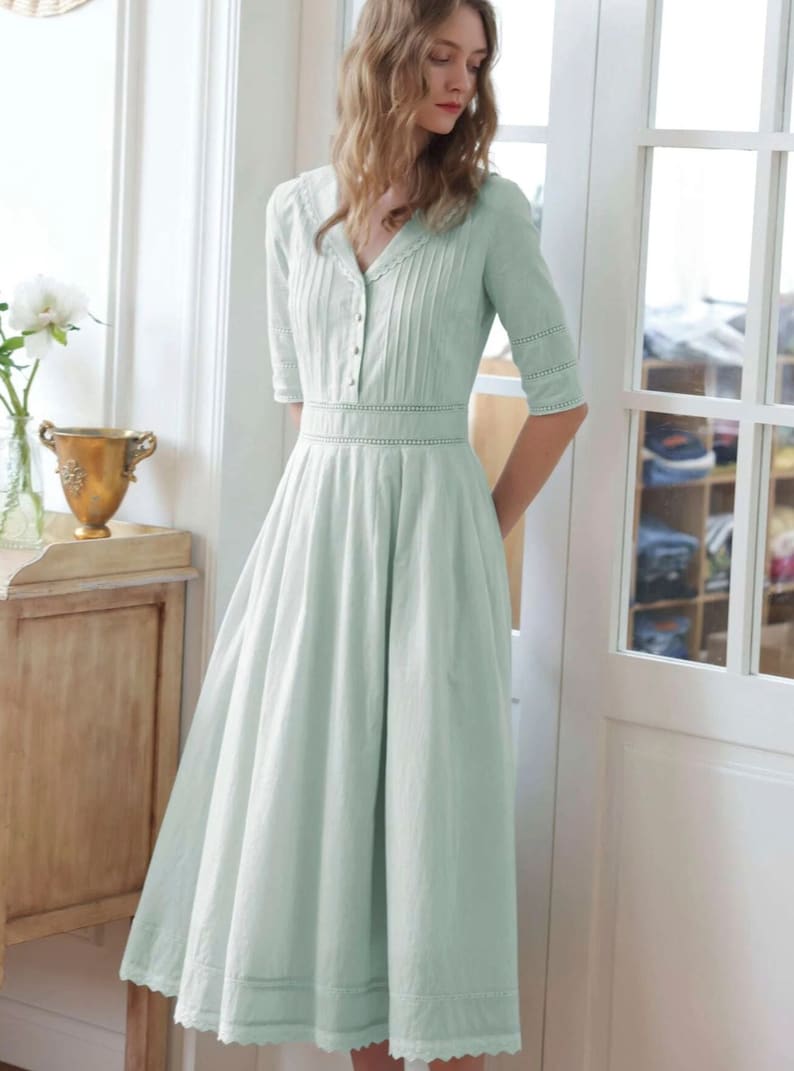 1930s Day Dresses, Tea Dresses, House Dresses     Cottagecore Green Dress | Bridgerton Dress | Summer Dress | Half Sleeve Dress | 100% Cotton Dress | Sailor Collar Lace Wedding  AT vintagedancer.com