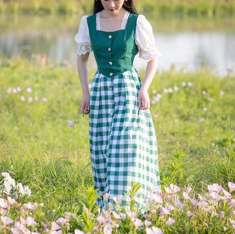 Cottagecore Dress White Green Apron Dress Long Summer Etsy
