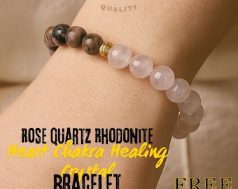 Bracciale in rodonite di quarzo rosa: gioiello con cristalli curativi per il chakra del cuore