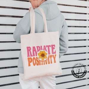 Radiate Positivity-draagtas | Herbruikbare strandtas | 100% katoenen canvas tas | draagtas van hoge kwaliteit | boodschappentas | Milieuvriendelijke draagtas