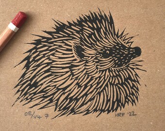 Hedgehog Linocut - original lino print, cute animal illustration, British wildlife decor, autumn gift, fall aesthetic