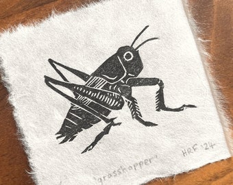 Grasshopper Mini Lino Print - little insect linocut, cute wildlife art gift, garden bug decor