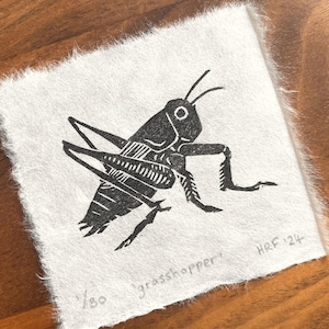 Grasshopper Mini Lino Print little insect linocut, cute wildlife art gift, garden bug decor image 1