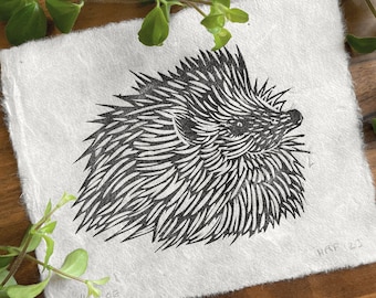 Cute Hedgehog Linocut Print - original lino art, sweet animal gift, wildlife relief print, spring aesthetic, mini block print