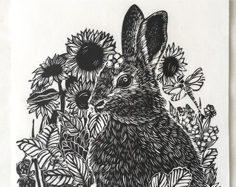 Rabbit Linocut - original lino print, bunny relief art, animal and sunflowers illustration