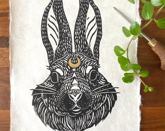 Rabbit Linocut - original animal lino print, bunny moon illustration wall art, black and gold foil