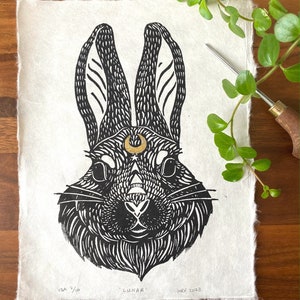 Rabbit Linocut - original animal lino print, bunny moon illustration wall art, black and gold foil